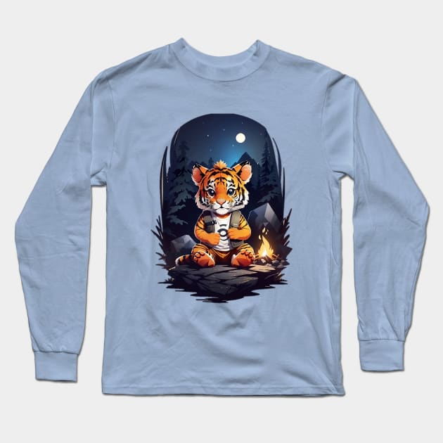 Tiger cub at campfire forrest starry night cartoon graphic art for kids Long Sleeve T-Shirt by Norbinho